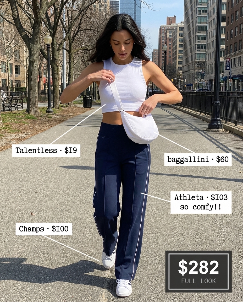 Cool summer athleisure outfit for brunch, featuring navy wide-leg track pants, a white ribbed crop tank, an oversized denim jacket, and retro athletic sneakers.