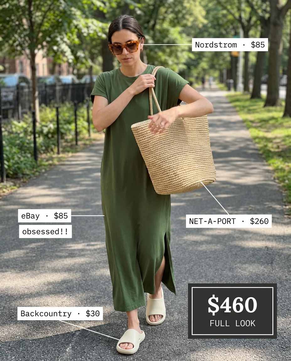 Effortless summer athleisure resort outfit: olive green T-shirt maxi dress, cream sporty slide sandals, a straw tote bag, and oversized sunglasses.