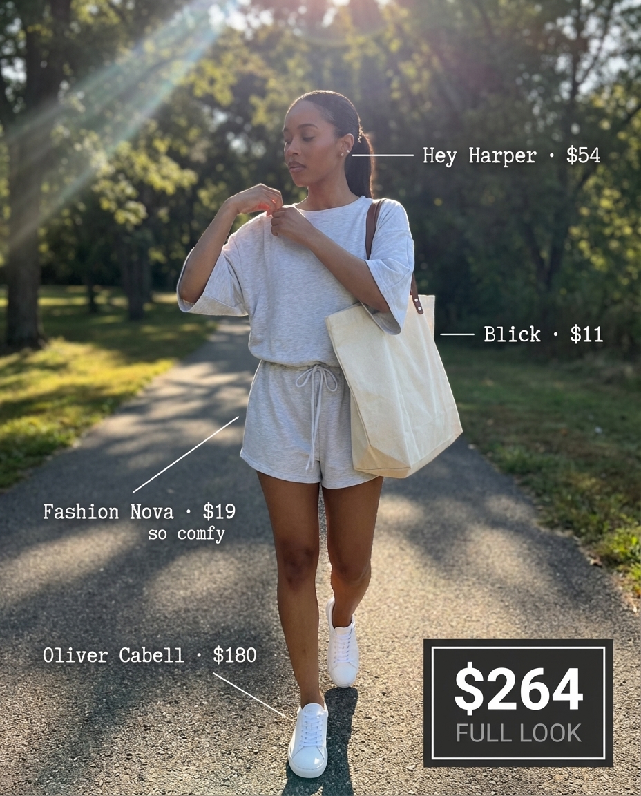 Effortless heather grey jersey utility romper with white leather sneakers, a natural canvas tote, and gold stud earrings, making a chic summer athleisure outfit for resort lounging.