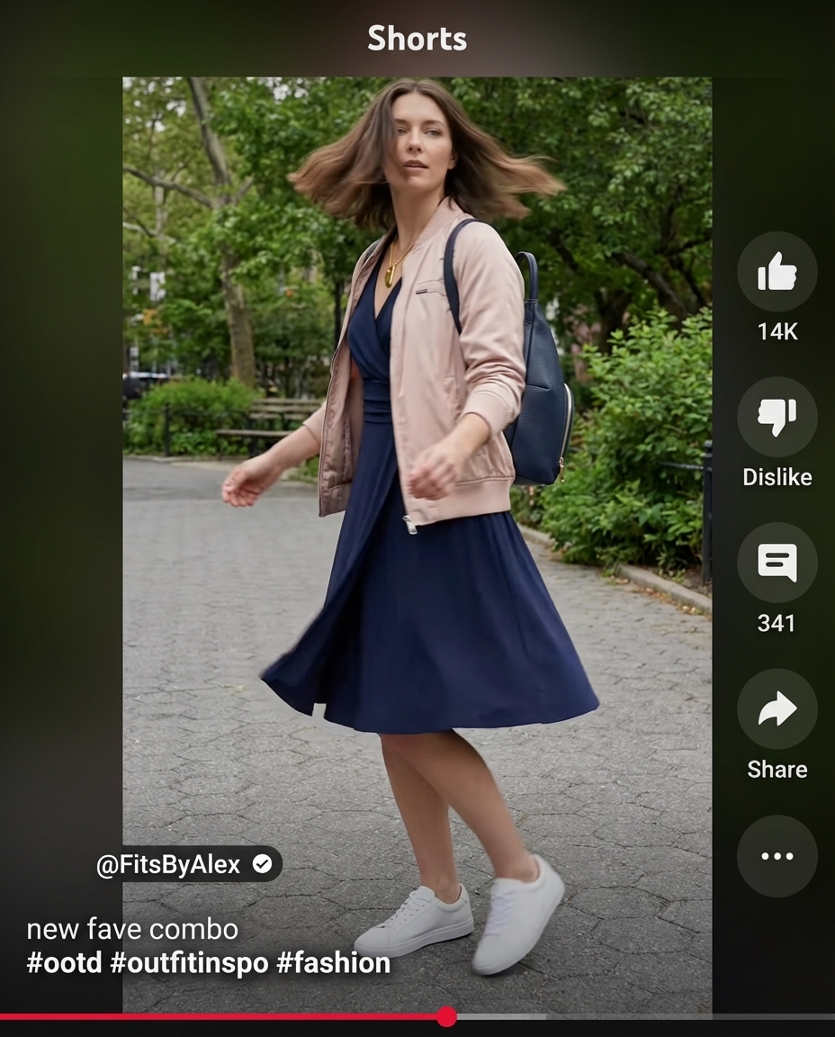 Polished navy blue jersey midi dress with a blush pink satin bomber jacket, white leather sneakers, and a navy mini backpack creates a chic summer athleisure outfit perfect for travel.