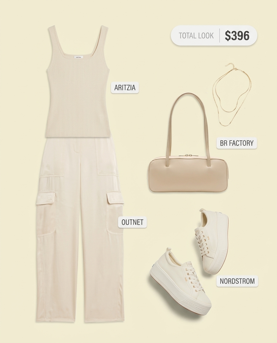 Glamorous summer athleisure travel outfit with cream satin wide-leg cargo pants, a champagne ribbed tank, cream platform sneakers, and a structured mini bag.