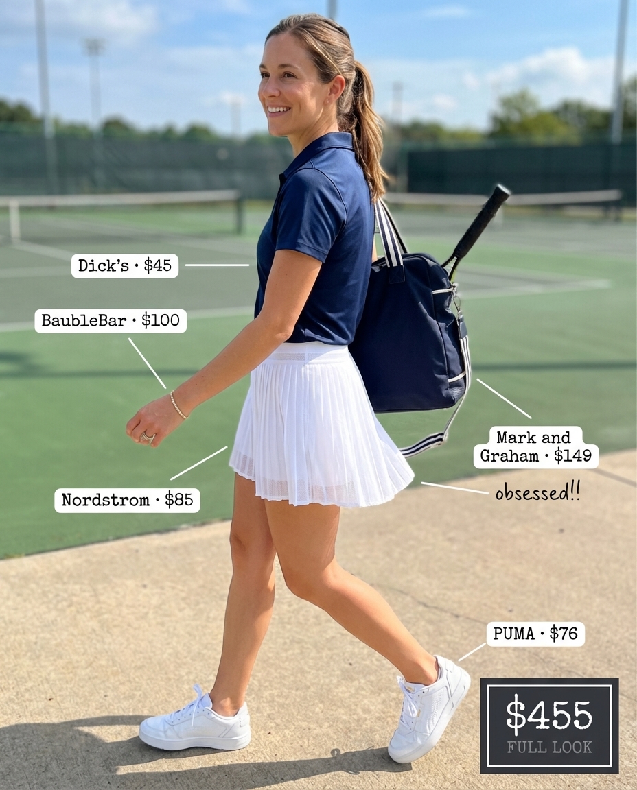 Preppy summer athleisure outfit for tennis featuring a white pleated skirt, a navy polo shirt, white tennis sneakers, and a gold tennis bracelet.