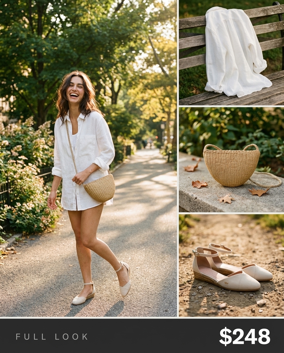 An easygoing terracotta linen blend high-waisted shorts with a white tank top and oversized linen shirt, espadrille sandals, and a straw bag define a perfect summer athleisure outfit for errands.
