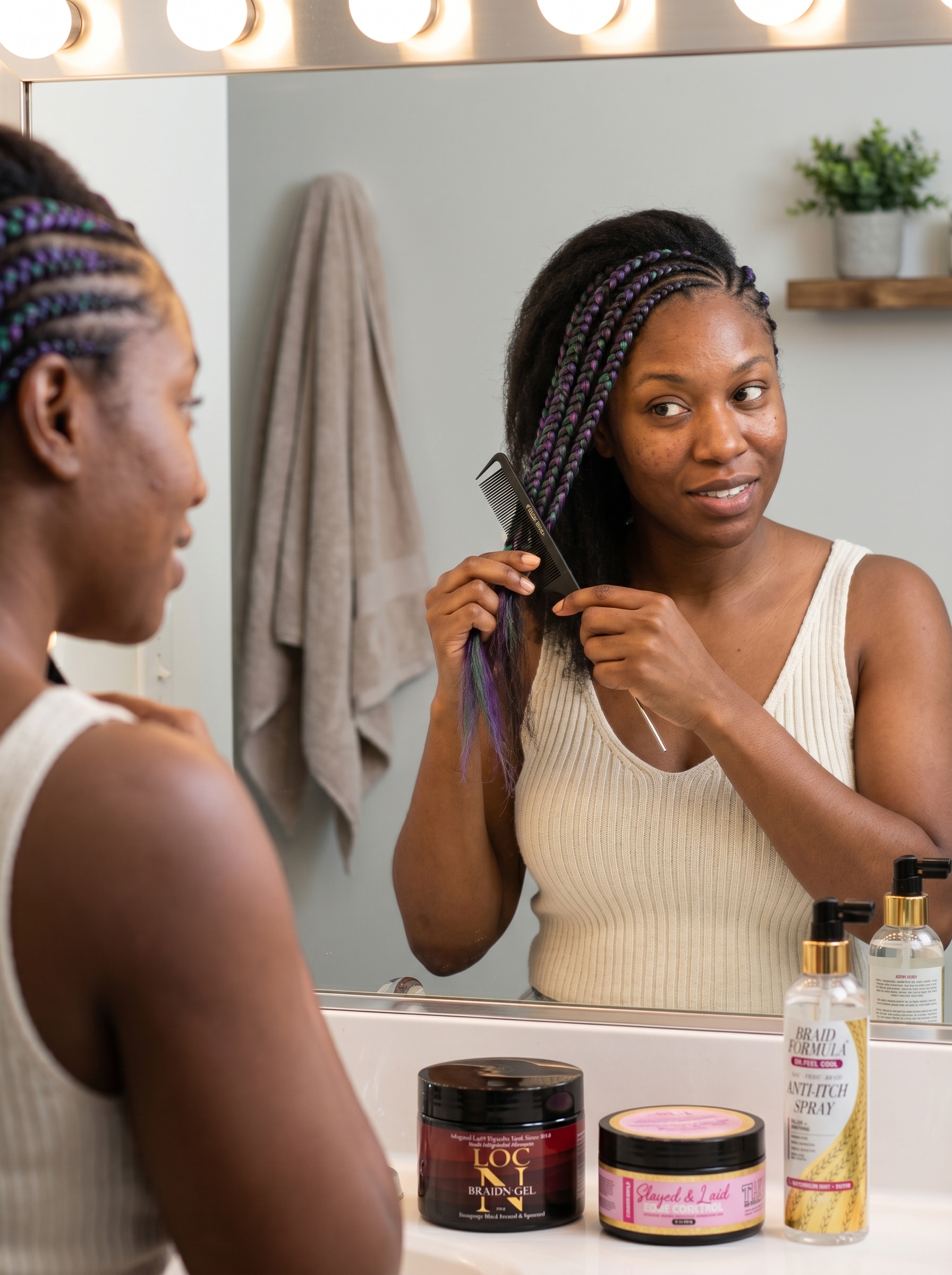 Bold asymmetrical cornrow medley featuring iridescent 'oil slick' extensions, a unique summer braid hairstyle 2026 for festivals. This artistic look blends natural hair color with vibrant extensions for a statement style.