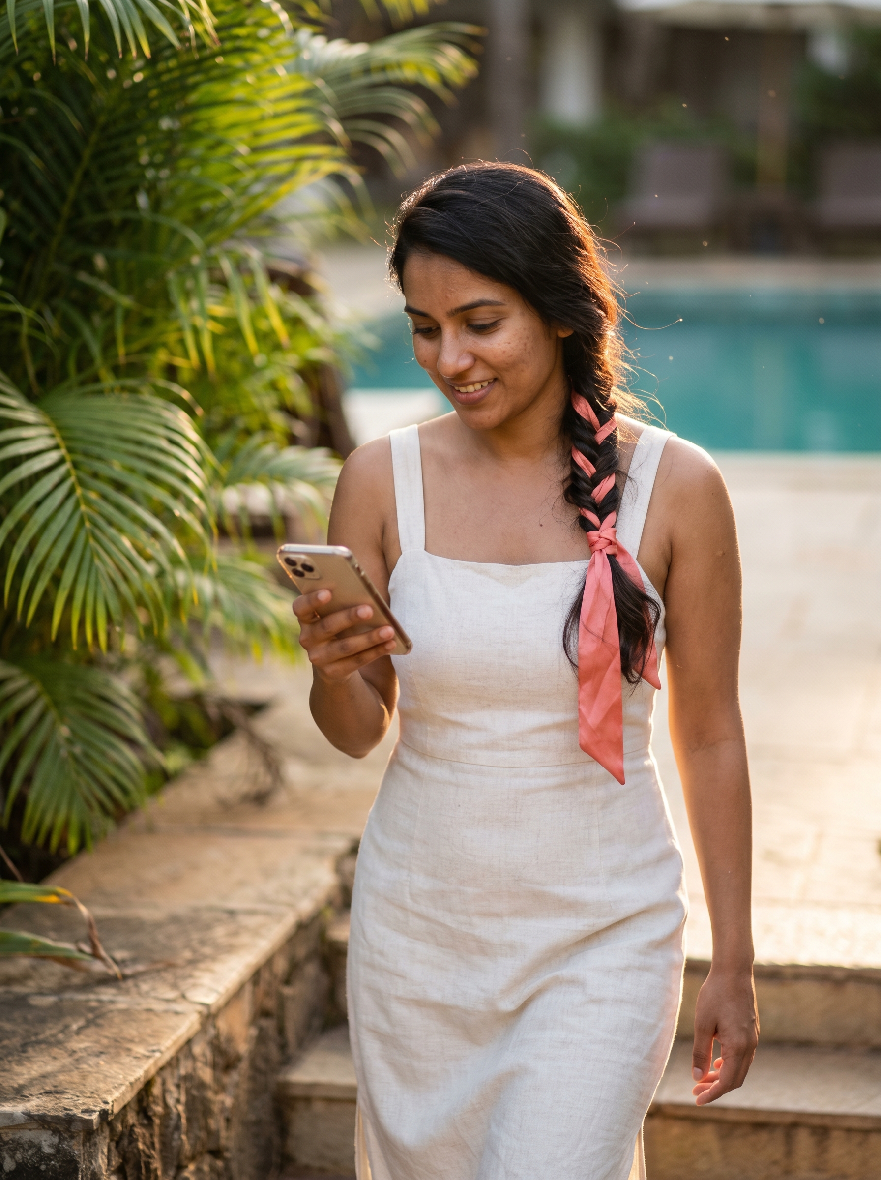 Playful and romantic ribbon-intertwined fishtail braid, perfect for a sunny resort or a date night. This summer braid hairstyle 2026 features a coquette aesthetic in sun-bleached buttercream with copper-penny ribbon accents.