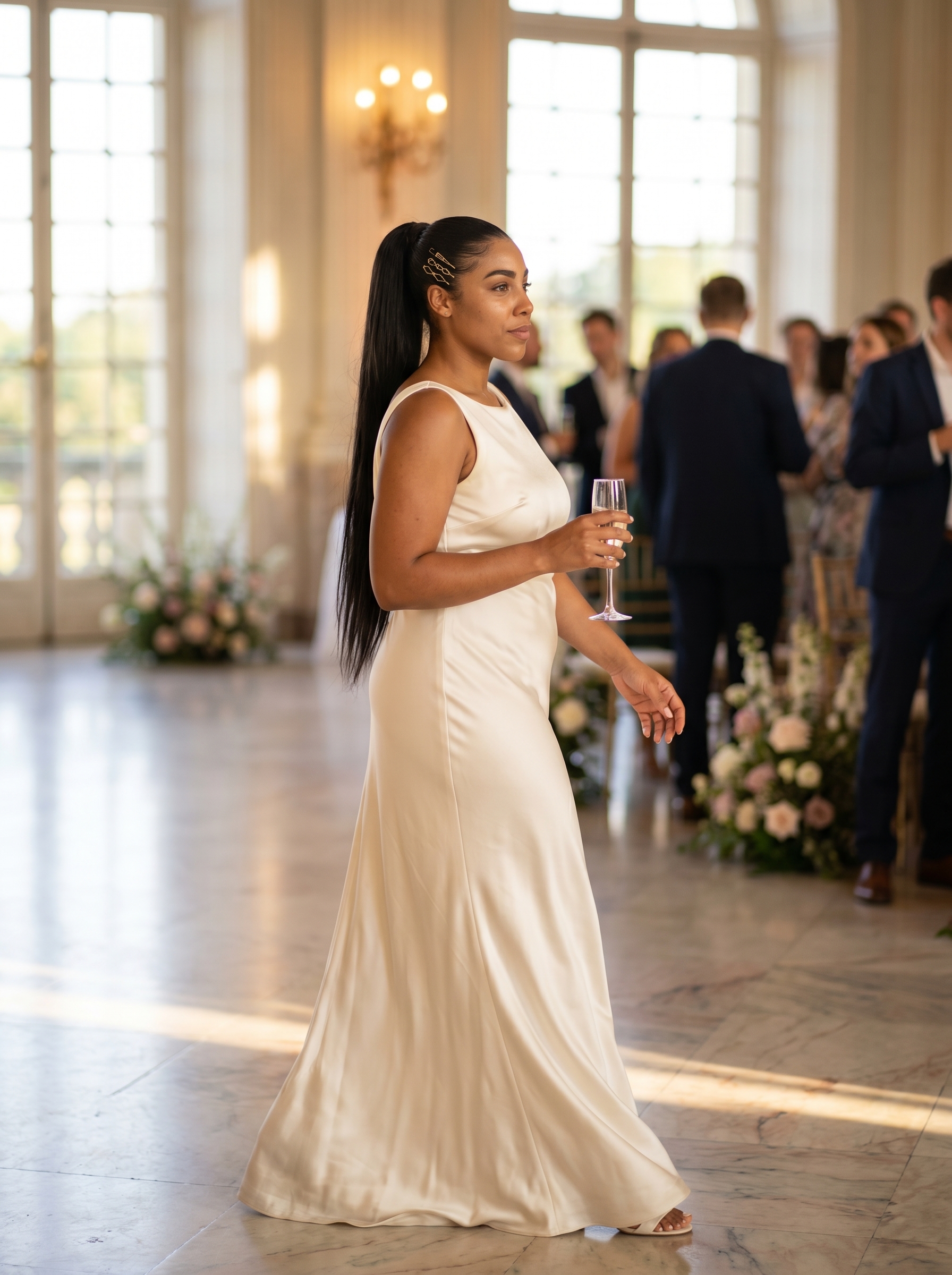 Sleek architectural high ponytail for summer bride hairstyles 2026. Features black ceramic plates for ultimate smoothness, metallic geometric pins, and a strong hold for a futuristic wedding look.