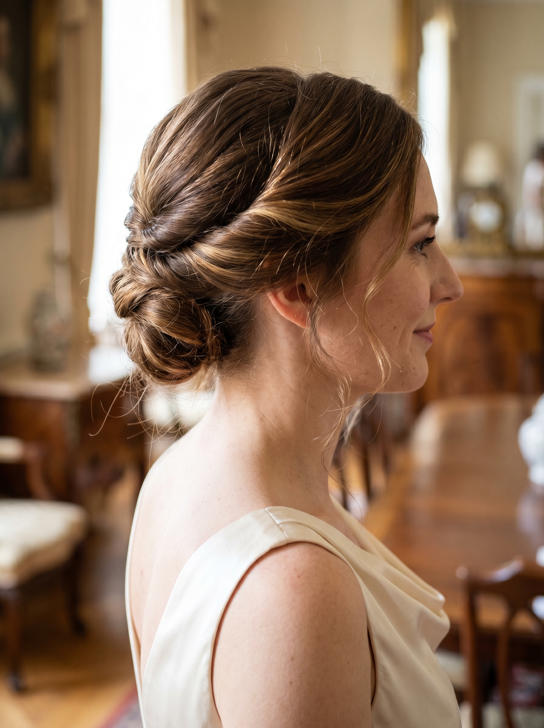 Romantic 'Double-Set' Radiance Updo for summer bride hairstyles 2026. Features softly curled hair pinned seamlessly with color-matched bobby pins, creating an ethereal and sophisticated look perfect for a wedding.
