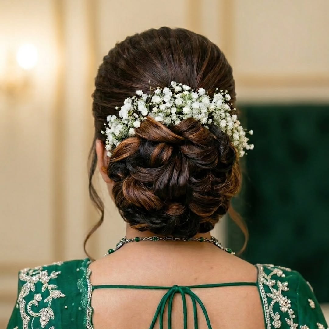 Elegant wedding updo, perfect for summer bride hairstyles 2026, featuring delicate white flowers woven into a detailed bun for a romantic outdoor ceremony.