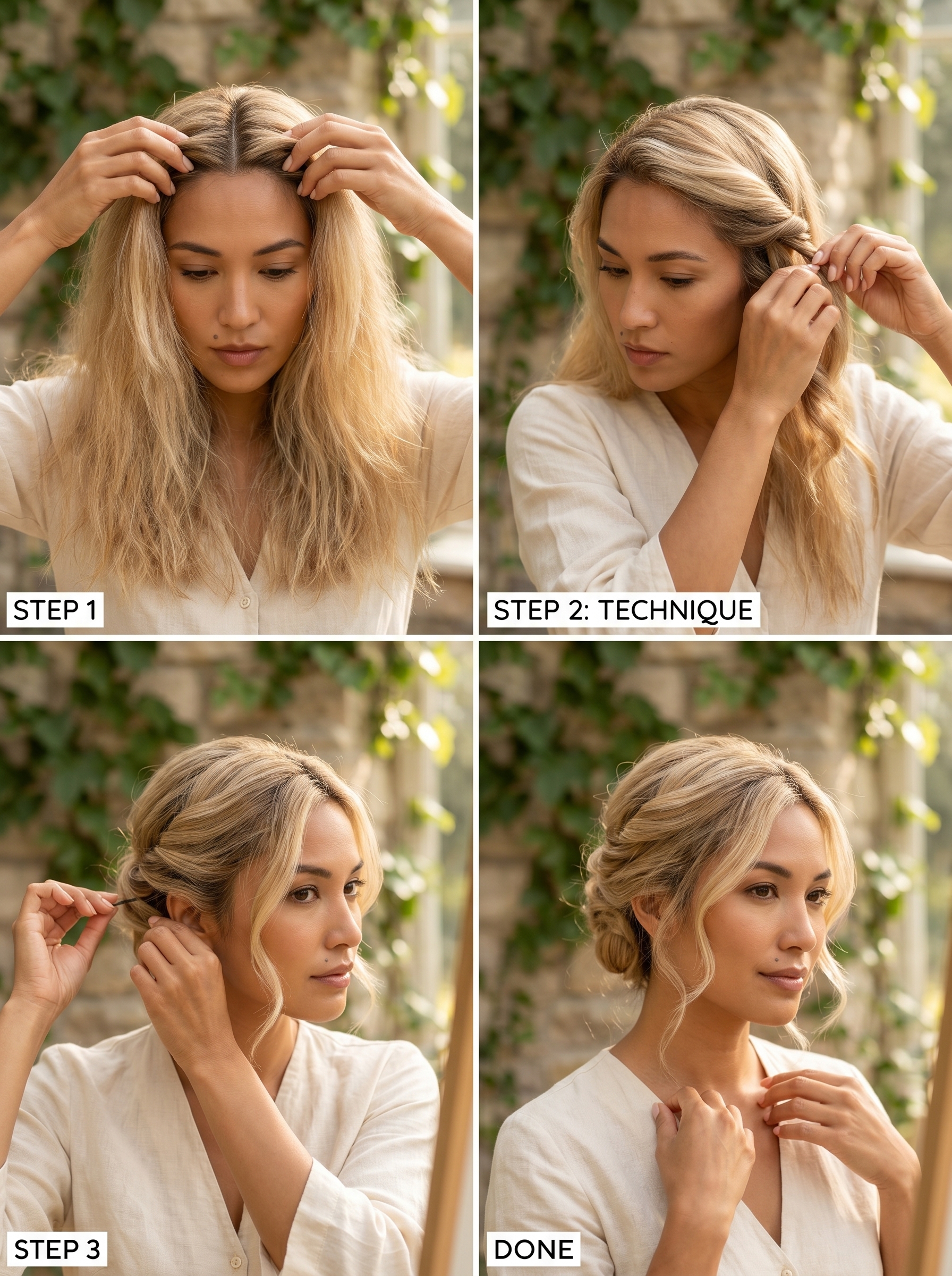 Romantic Deconstructed Grecian Twist with Nectar Blonde, an ethereal and bohemian option for summer bride hairstyles 2026. Features warm, creamy blonde tones and natural texture in a soft, twisted updo.