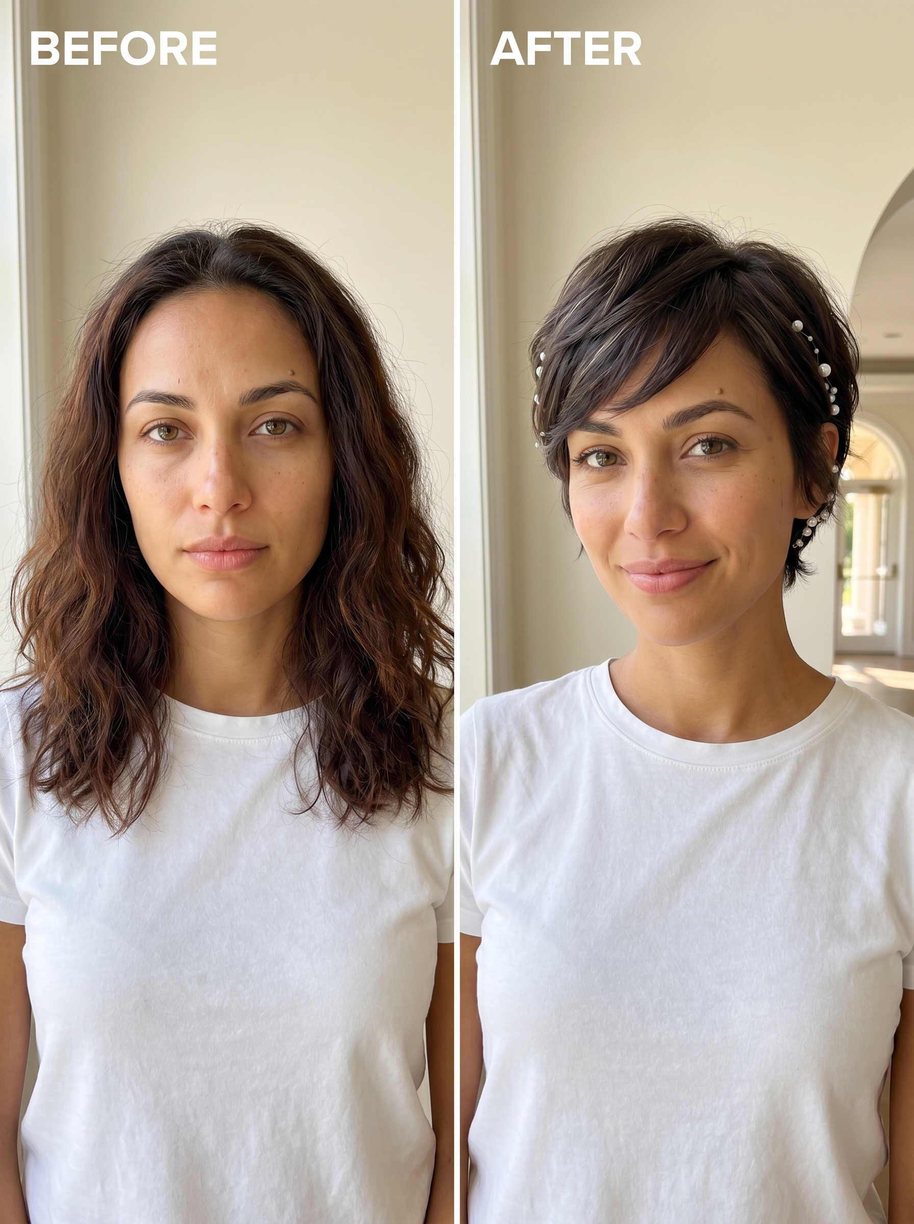 Chic soft-focus pixie cut with elegant pearl accents and an expensive brunette glaze, a stylish summer bride hairstyle for 2026. Features deep brown hair and delicate pearl embellishments.