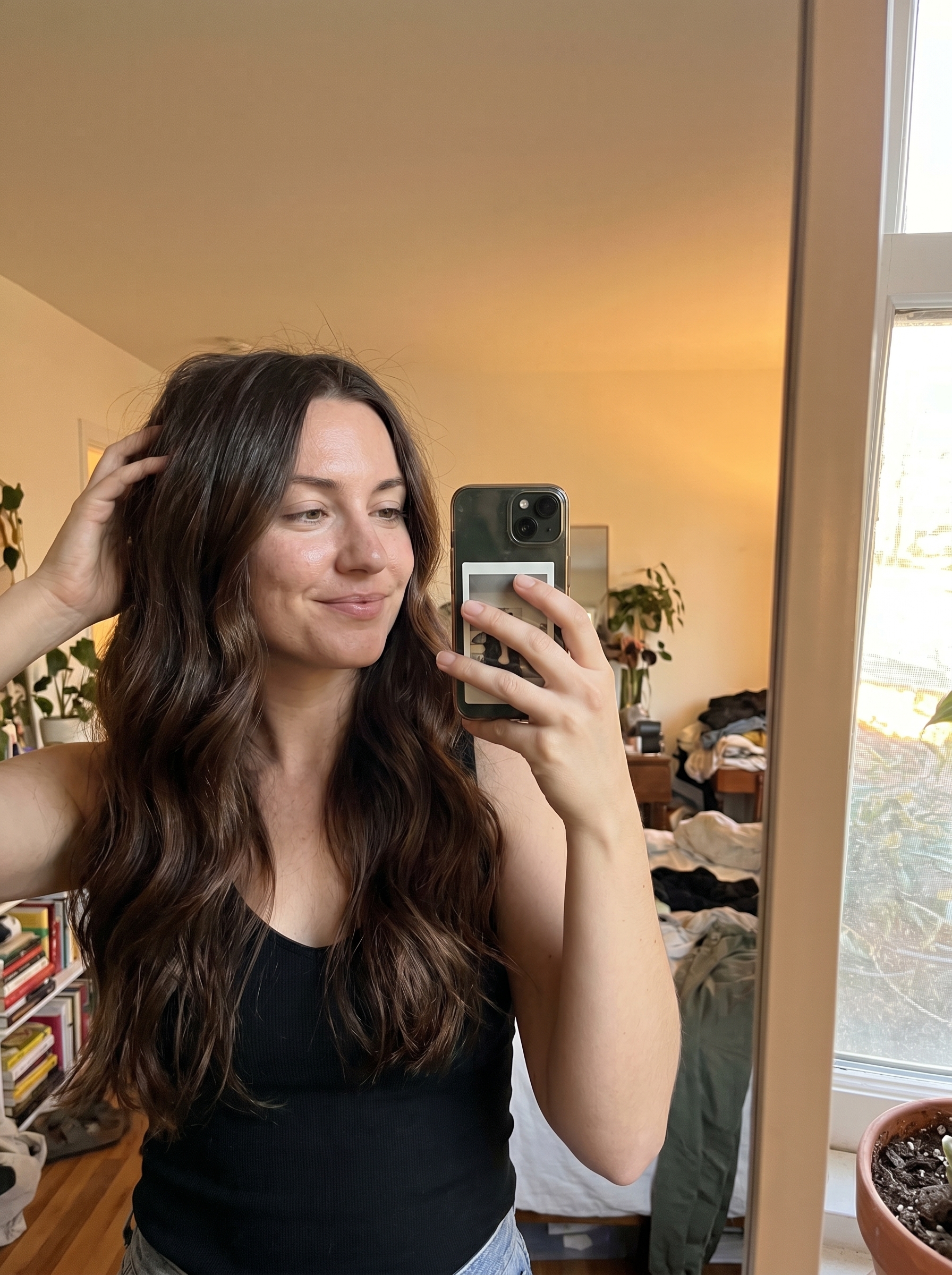 Relaxed Effortless Scandi-Waves with Expensive Brunette Glaze, a chic and modern look for summer bride hairstyles 2026. Features loose, flat waves with a high-gloss, deep brown finish.