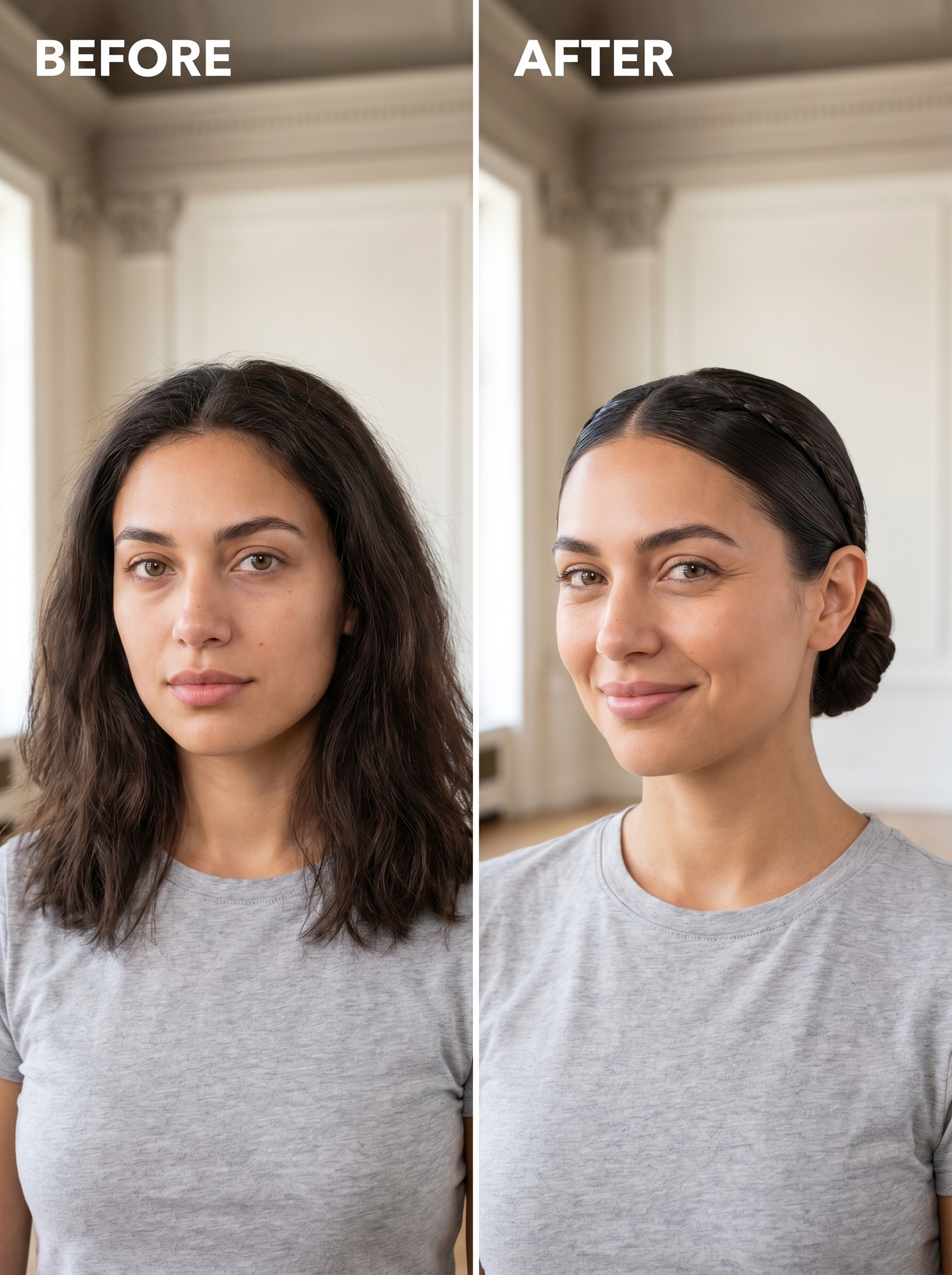 Sleek 'hydrated' low bun with delicate micro-braids for an elegant summer bride in 2026. This quiet luxury hairstyle features precise parting, a fine-tooth comb, and luminous finishing oil.