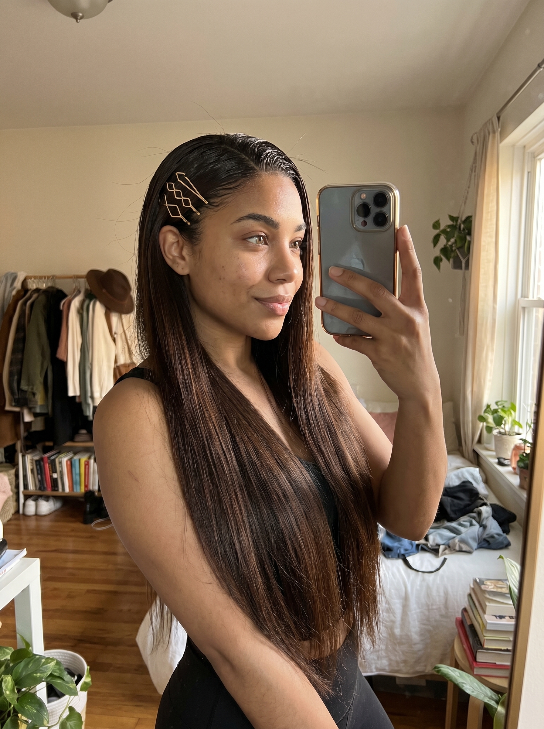 Avant-garde 'Ethereal Futurist Wet-Look Roots' with Metallic Pins and Expensive Brunette Glaze, a bold option for summer bride hairstyles 2026. Features a deep brown glossy hair color with silver/gold metallic accents.