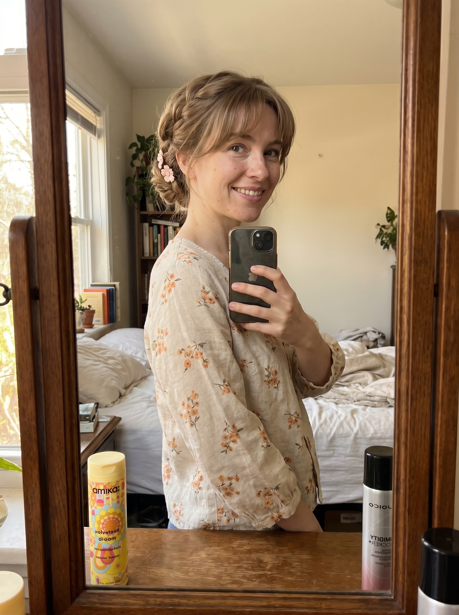 Romantic Garden Coquette Soft-Curtain Fringe Updo, an elegant summer cool hair idea for 2026, with Apricot Crush accents. This whimsical look features soft fringe styled with a lightweight smoothing balm, perfect for date nights or garden parties.
