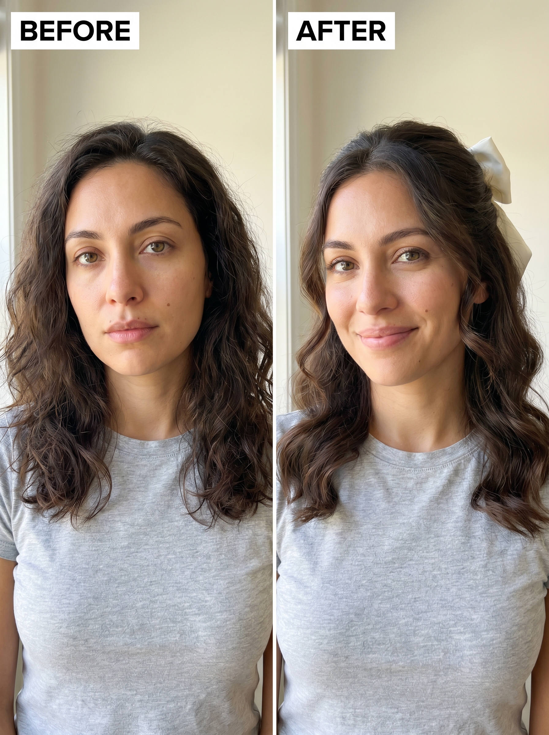 Romantic Garden Coquette Half-Up hairstyle with a pastel silk bow, a beautiful summer cool hair idea for 2026. Ideal for date nights, brunches, or weddings, this whimsical look features soft curls created with a 1.25-inch curling iron.
