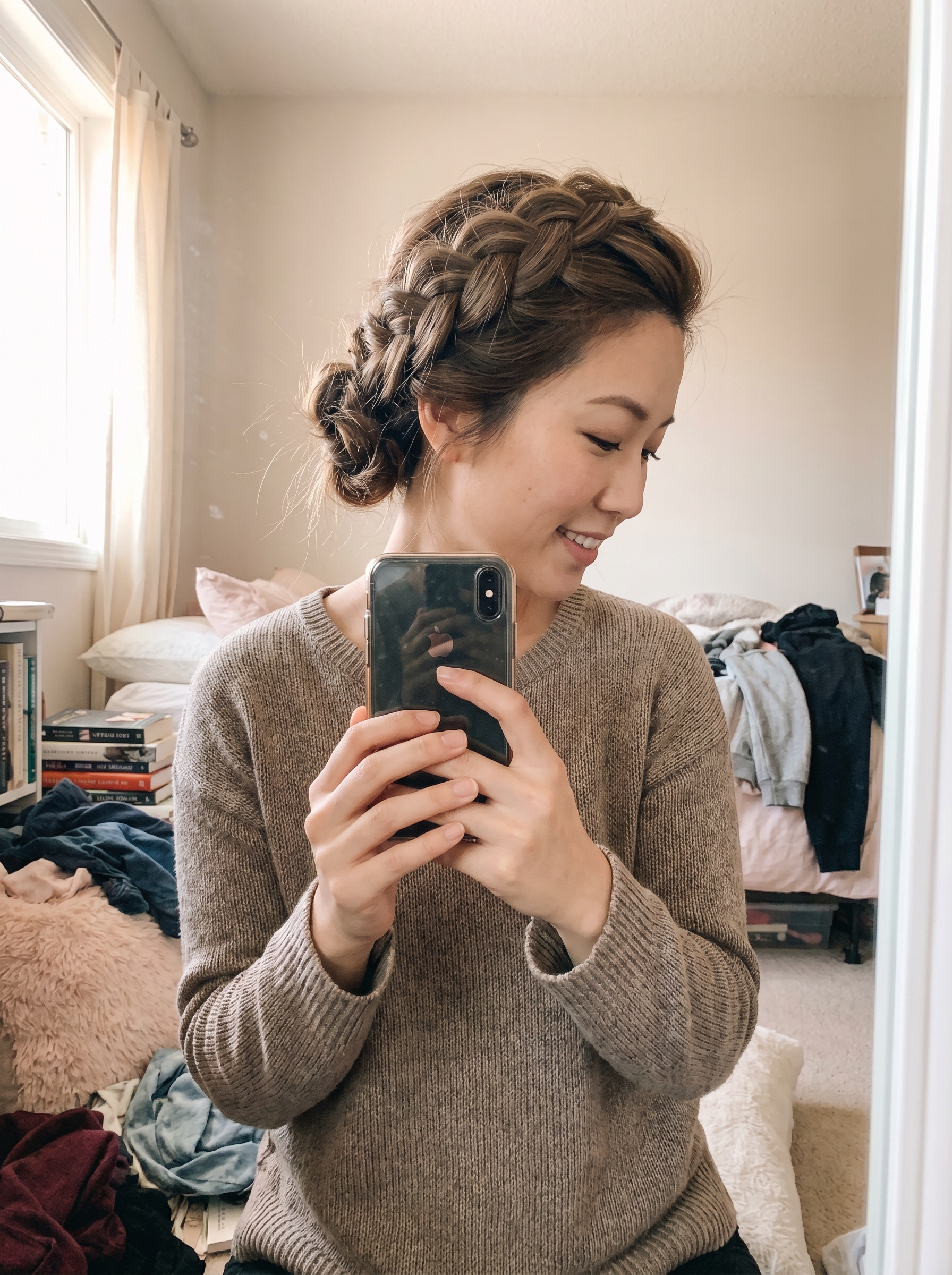 Bohemian 'Pancake' Braid Updo that is a perfect summer cool hair idea for 2026. This relaxed, artistic updo uses a salt-free texturizing spray and clear elastic bands, suitable for everyday wear, vacations, or casual events.