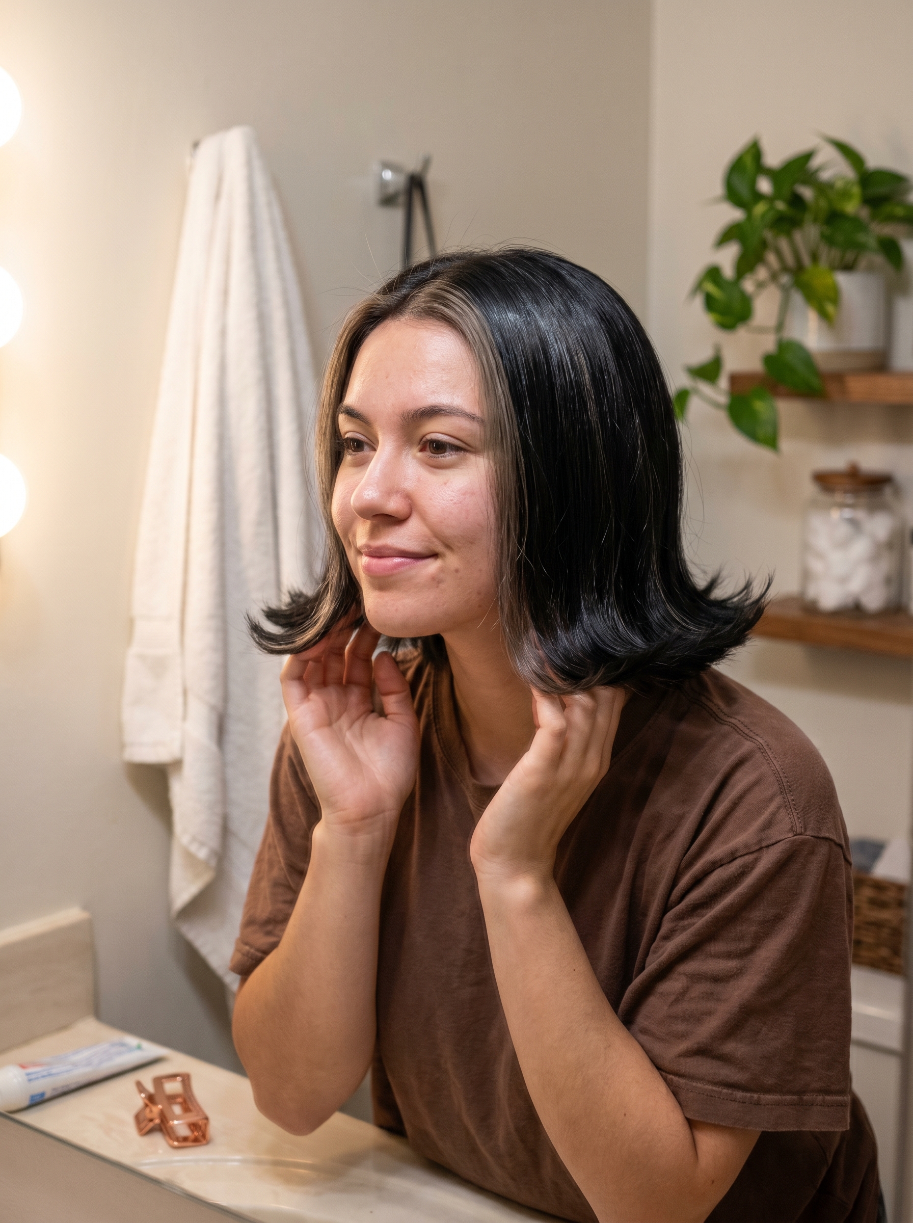 Bold Retro Futurism Flip-Out Bob with Halo Highlights, a chic summer cool hair idea for 2026, in Midnight Espresso Gloss. This playful style uses a flat iron for sleekness and flipped ends, ideal for date nights or fashion events.
