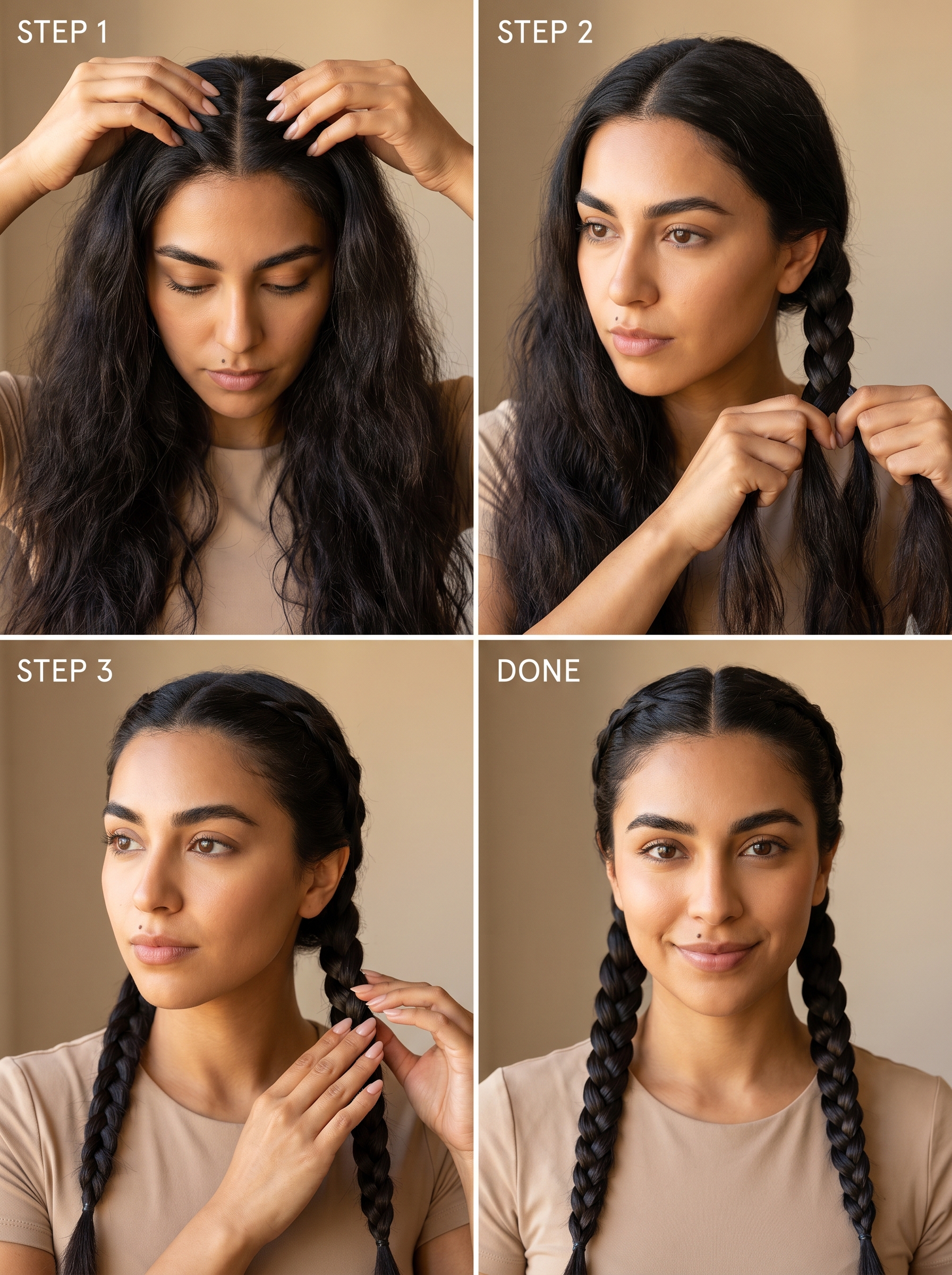 Minimalist Scandi-Sleek Braided Pigtails in Midnight Espresso Gloss, a polished summer cool hair idea for 2026. This athletic yet stylish look uses anti-frizz styling gel and high-shine oil, perfect for everyday or the gym.