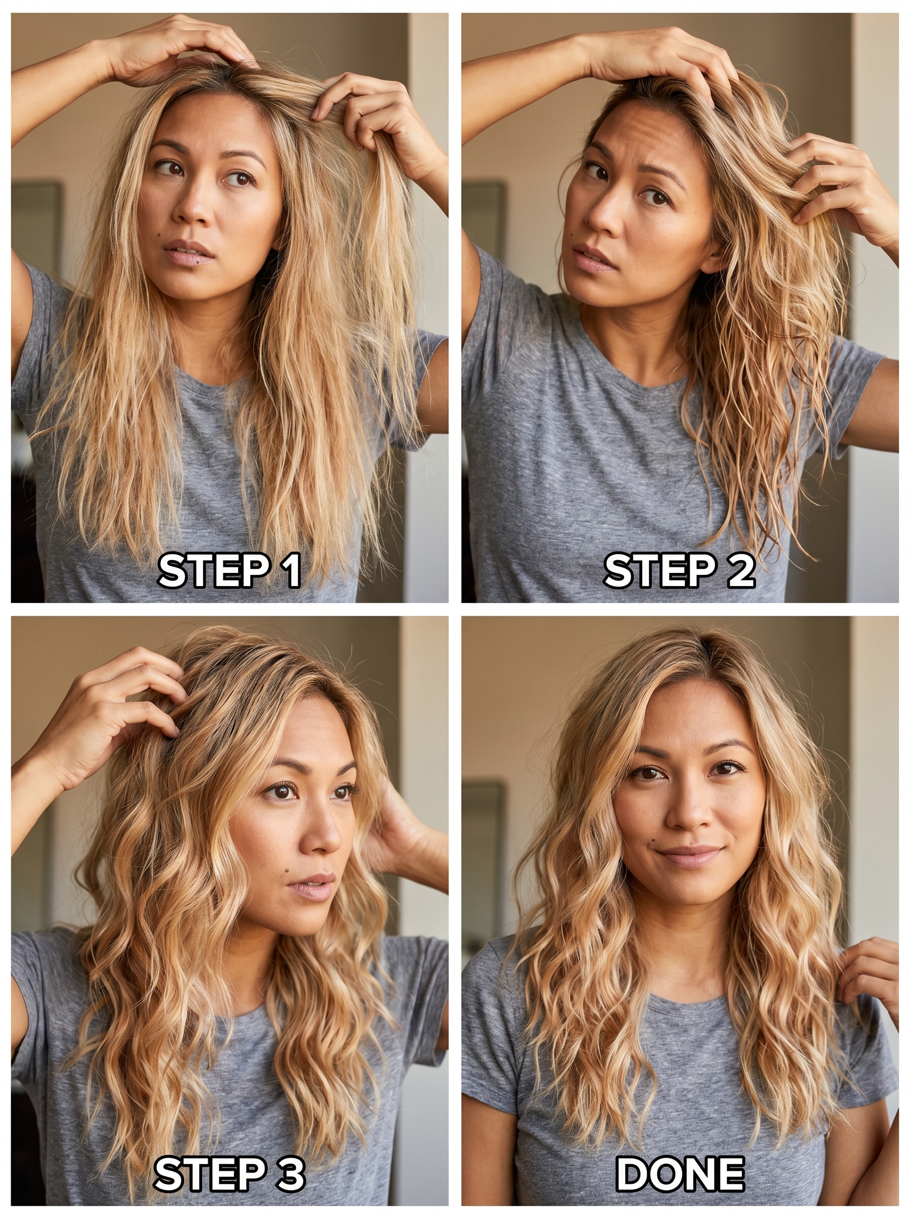 Edgy Oceanic Grunge messy waves for mid-length hair, a rebellious and relaxed style among summer cool hair ideas 2026. Features natural tones with linen blonde highlights.