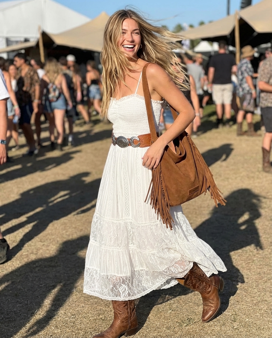 Bohemian Desert Rose Dream summer cowgirl outfit featuring a flowy white lace maxi dress. Paired with distressed brown pointed-toe cowboy boots, a fringed suede shoulder bag, and a wide Western belt with an ornate buckle for a festival or concert.