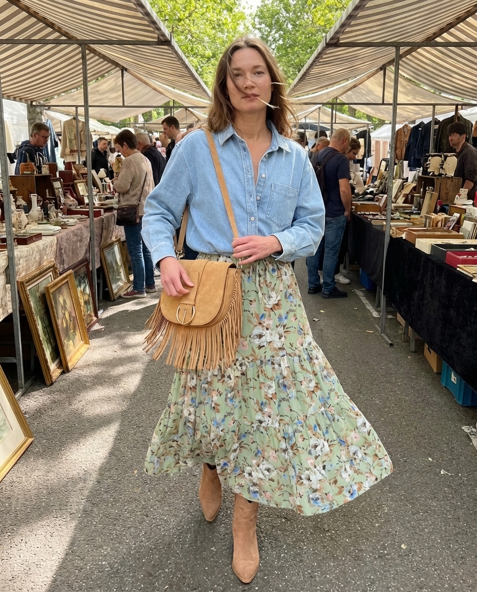 Boho light wash denim shirt tied over a muted floral maxi skirt, paired with fringe bag for summer cowgirl outfits 2026 at a festival.
