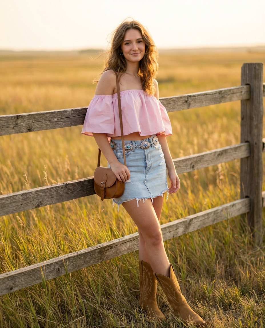 Playful desert rose rodeo summer cowgirl outfit with a distressed light wash denim mini skirt, a rose pink off-the-shoulder blouse, and tan suede mid-calf cowboy boots. Accented with a silver and turquoise concho belt for a festival.