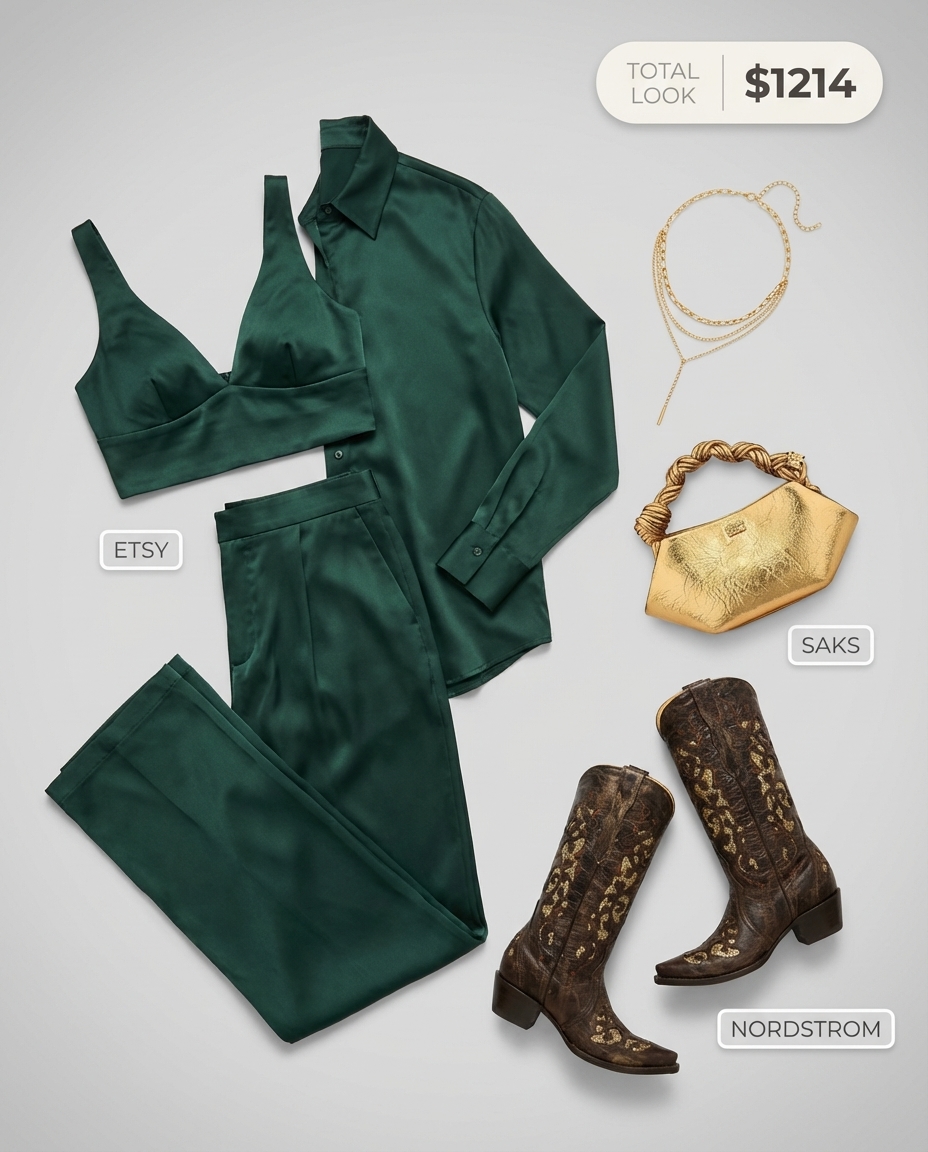 Glamorous Western getaway summer cowgirl outfit with an emerald green satin co-ord set (camisole and wide-leg trousers). Paired with embellished brown cowboy boots, a gold mini top-handle bag, and a chunky gold chain necklace for vacation dinner.
