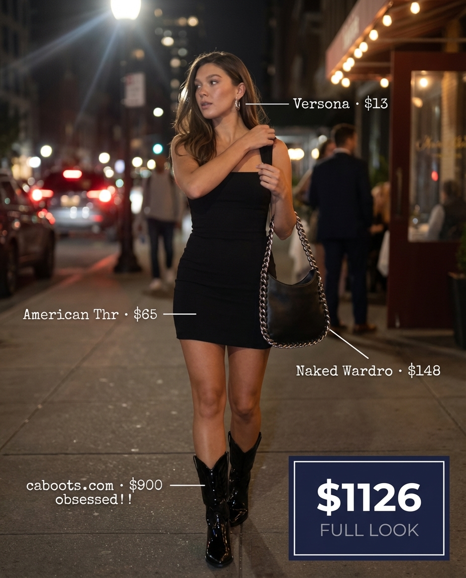 Edgy black bodycon mini dress with patent leather cowboy boots; a sophisticated take on summer cowgirl outfits 2026 for evening events.