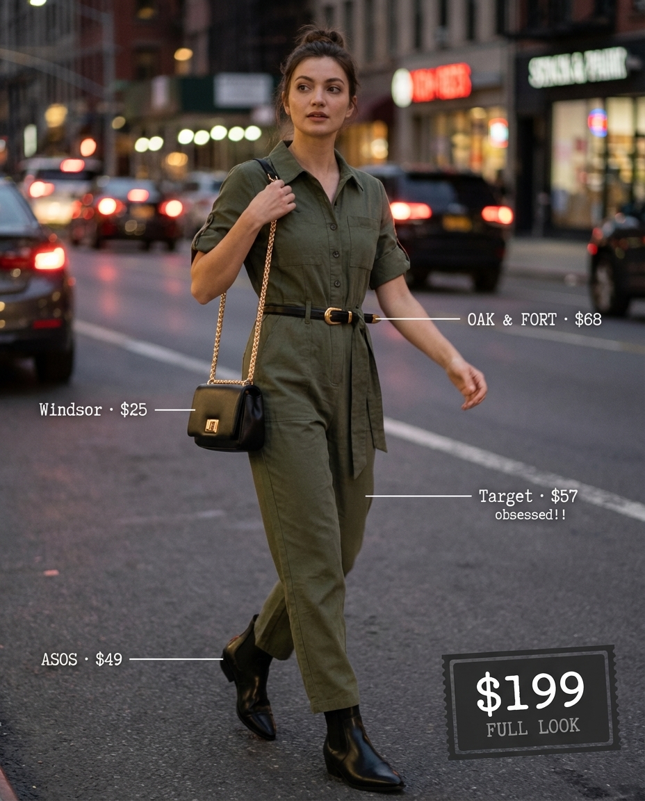 Edgy olive green utility jumpsuit with gold accents and black cowboy boots, a glamorous take on summer cowgirl outfits 2026.