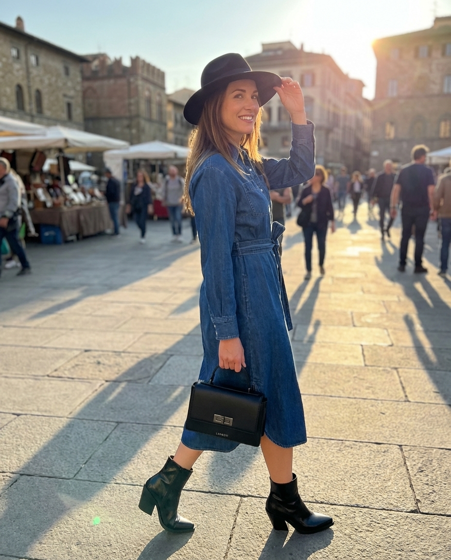 Sophisticated summer cowgirl outfit with a dark wash denim midi shirt dress, black Western ankle boots, and a wide-brim felt hat. Ideal for an outdoor dinner or country concert, exuding polished ranch hand glam for 2026.