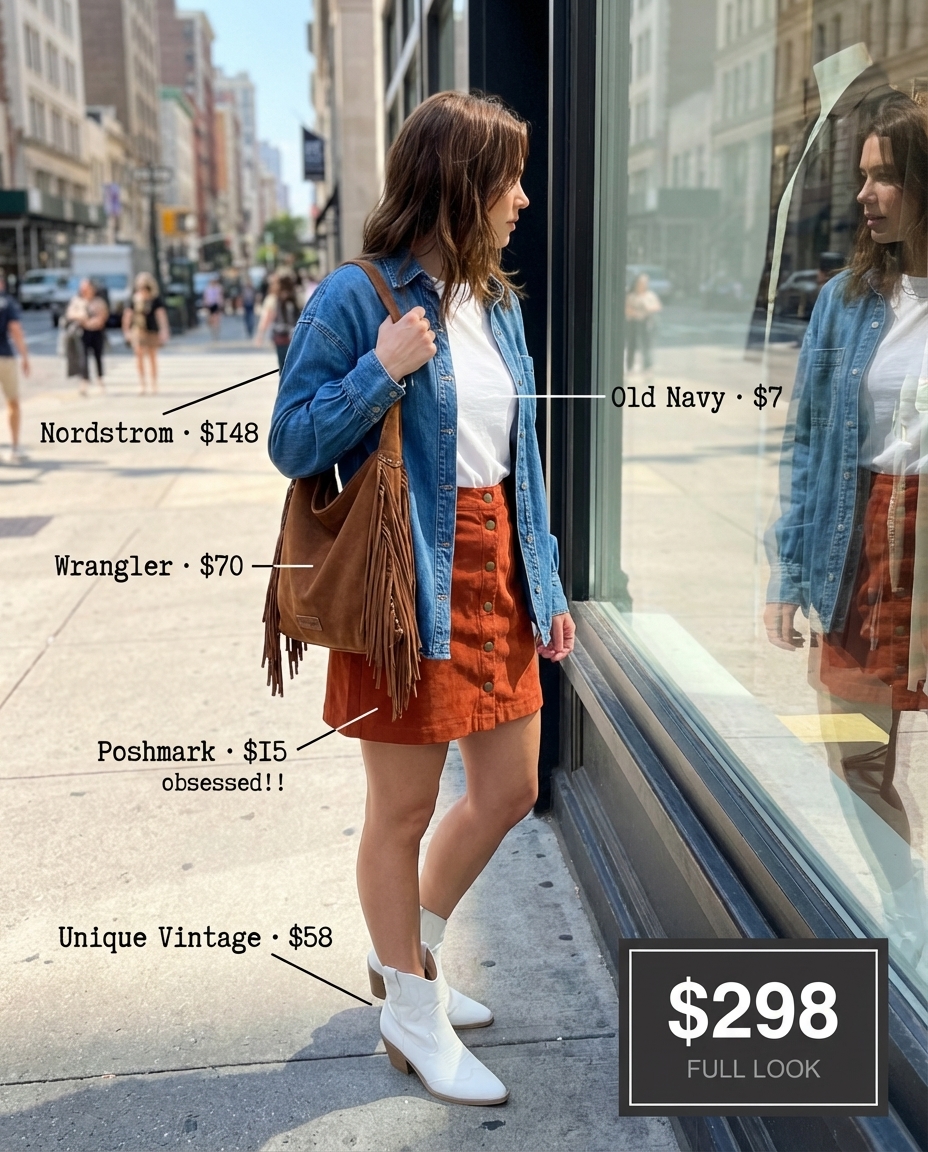 Playful rust orange faux suede mini skirt paired with a white tee and denim shirt, defining summer cowgirl outfits 2026 for a casual day.