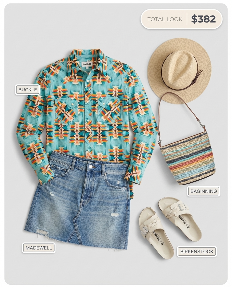 Vibrant Southwestern sunset summer cowgirl outfit with a terracotta geometric print button-down, a denim mini skirt, and flat leather sandals. Completed with a straw hat and woven shoulder bag for a festival or farmers market.