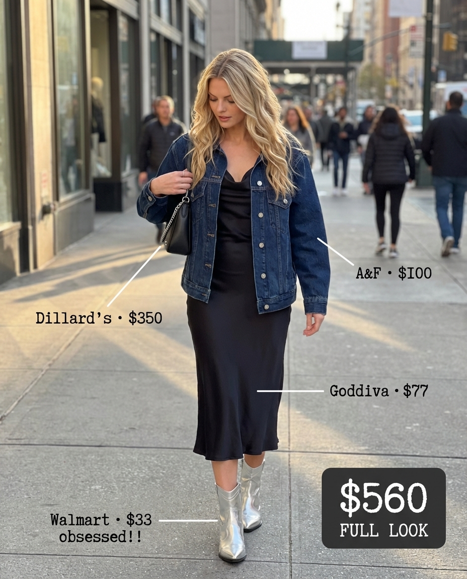 Modern black satin slip dress styled with an oversized denim jacket and metallic silver cowboy boots for urban summer cowgirl outfits 2026.
