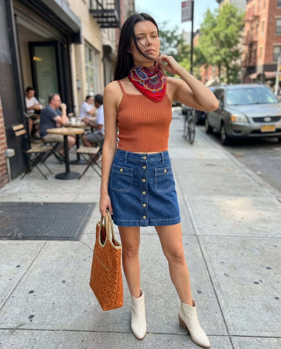 Retro medium wash denim mini skirt with a rust orange crop top and cream boots for playful summer cowgirl outfits 2026.