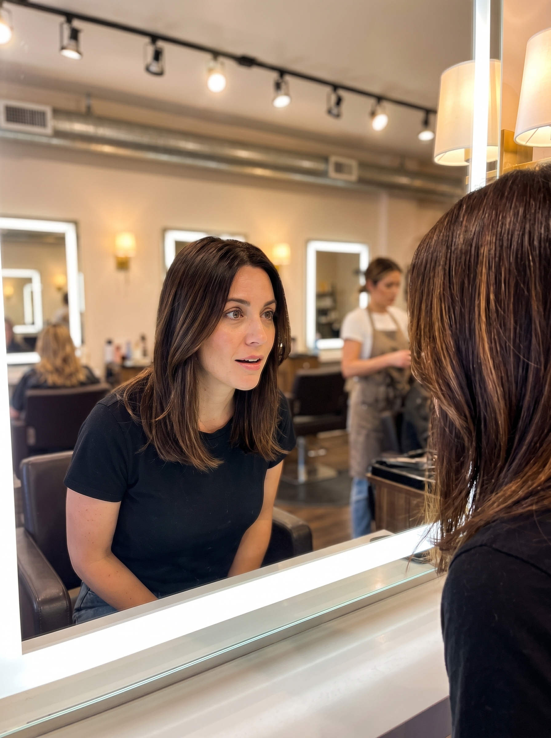 Dark brown hair styled in a 'Dark Chocolate Swirl', featuring subtle warm mocha and caramel drizzle accents, a natural and rich option for summer dark hair looks 2026. This sophisticated color is perfect for work.