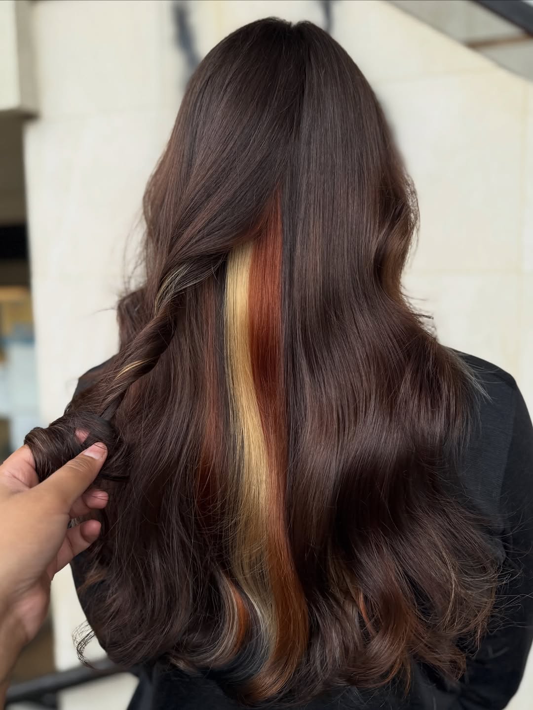 A woman with sleek, dark brown hair in a high ponytail, styled for a summer evening event. She wears a black satin halter top and delicate gold jewelry, showcasing elegant summer dark hair looks 2026 for a chic appeal.
