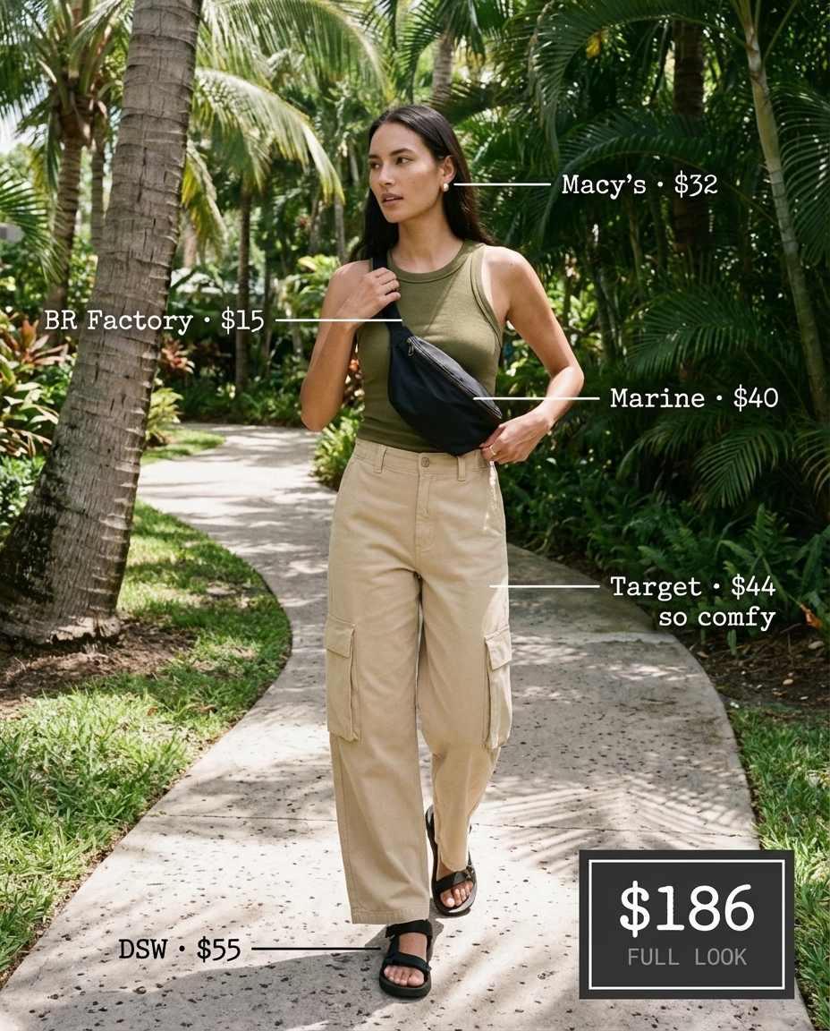 Earthy summer disney outfits for Animal Kingdom: olive cargo pants, ribbed tank, hiking sandals, canvas belt bag, and gold stud earrings.
