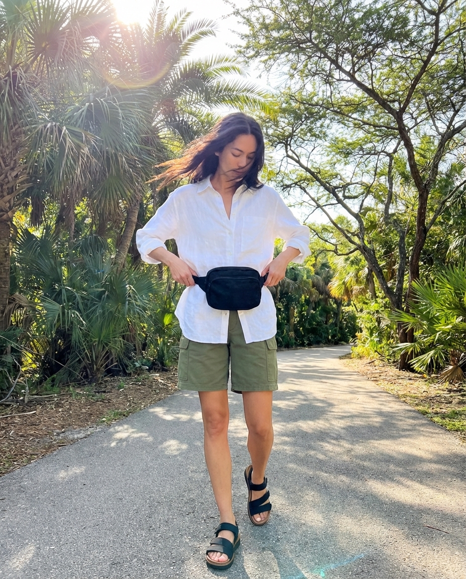 Practical summer disney outfits for Animal Kingdom: khaki cargo shorts, oversized white linen shirt, black fanny pack, and walking sandals.
