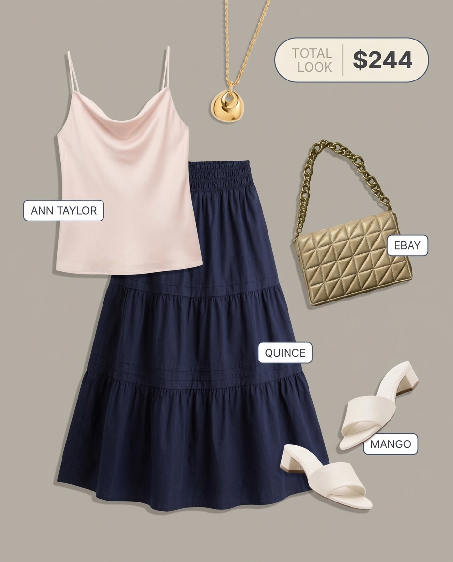 Elegant summer disney outfits for Disney Springs: navy tiered maxi skirt, blush satin camisole, cream shoulder bag, gold necklace, block heels.