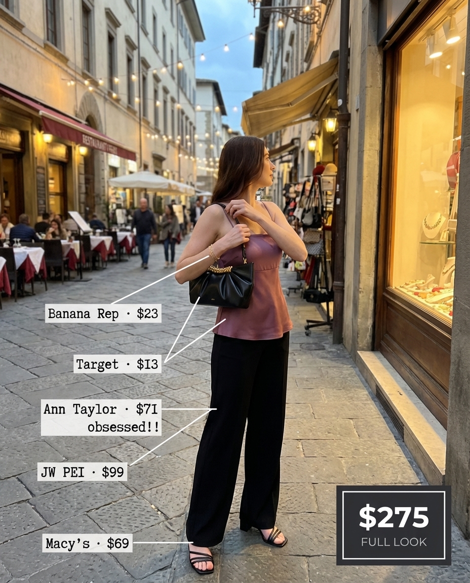 Sophisticated black and blush pink summer Disney outfit featuring high-waisted wide-leg trousers, satin camisole, and block heels for a comfortable yet chic night out at Disney Springs.