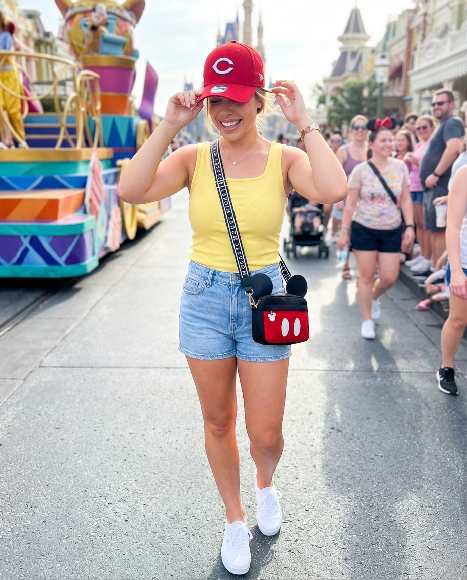 Playful summer disney outfits for Magic Kingdom: yellow ribbed crop top, distressed denim shorts, white sneakers, Mickey crossbody, red cap.