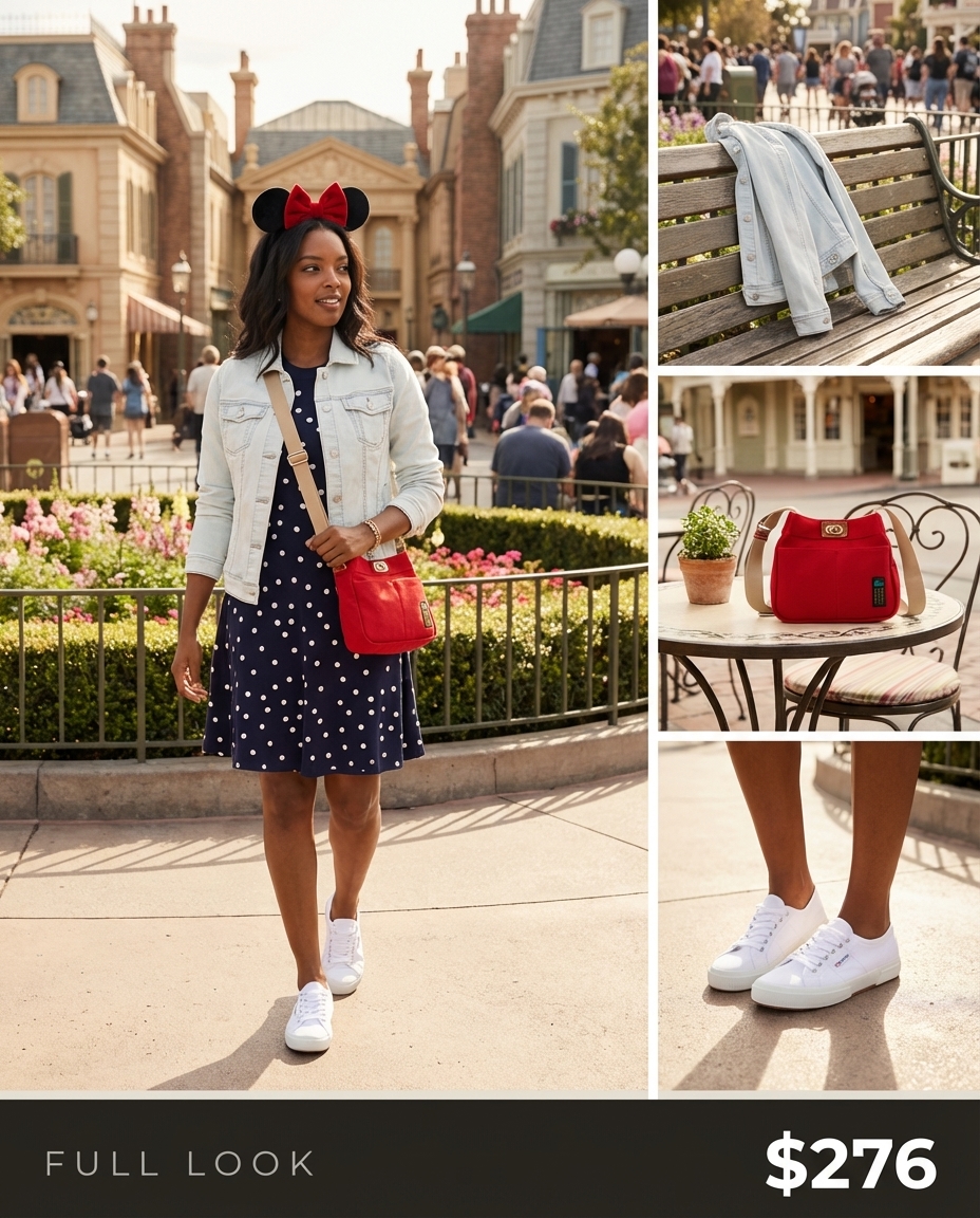 Playful summer disney outfits for Magic Kingdom: navy polka dot midi dress, denim jacket, red crossbody, Minnie ears, and white sneakers.
