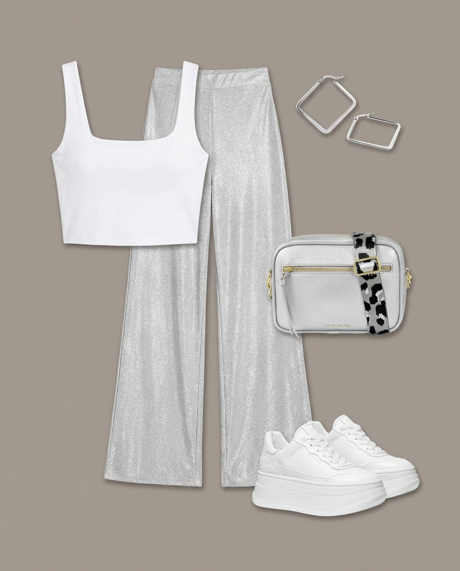 Modern summer disney outfits for Tomorrowland: silver wide-leg trousers, white crop top, chunky sneakers, silver crossbody, and hoop earrings.