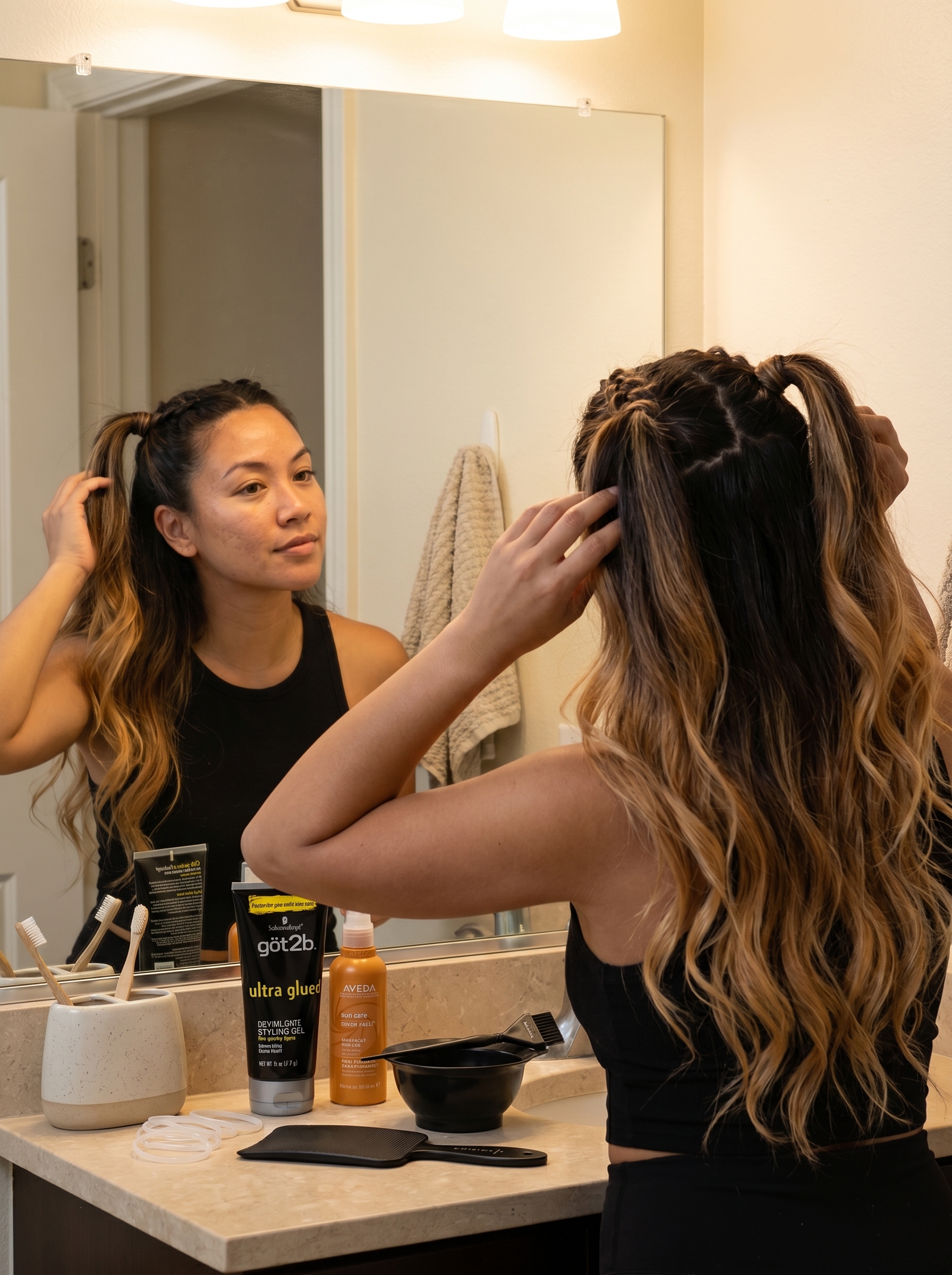 Edgy Medusa Ponytail with Reverse Balayage Depth, showcasing a bold summer hair trend for 2026. Features slicked-back hair in deep brunette with caramel/blonde highlights, secured with clear elastics.