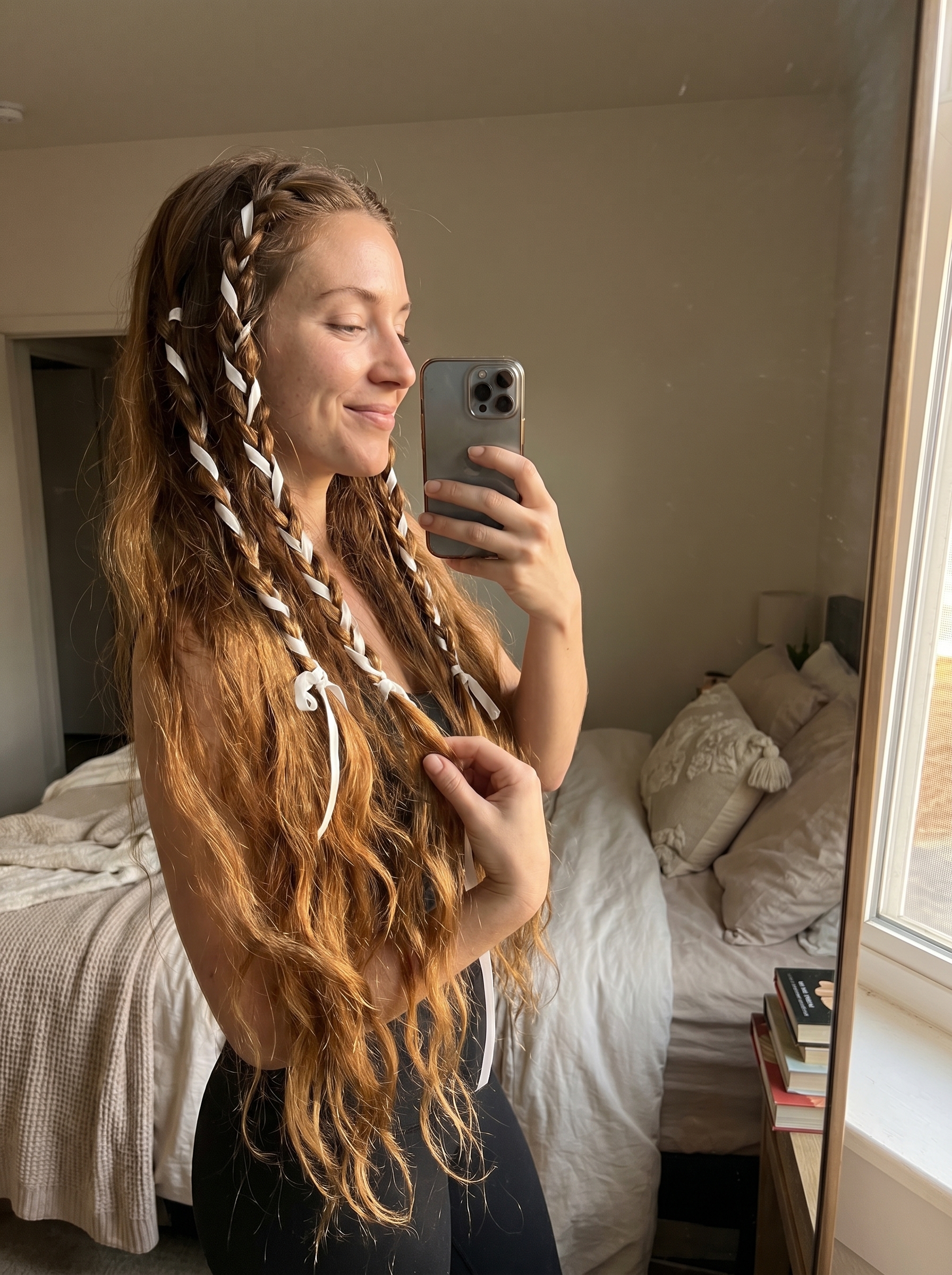 Romantic Ribbon Braids: Summer Hairstyle Ideas 2026 Romantic ribbon-wrapped braids in syrup brunette with pastel ribbons, perfect for wedding summer hairstyle ideas 2026. This coquette look uses braiding cream & flexible hairspray.