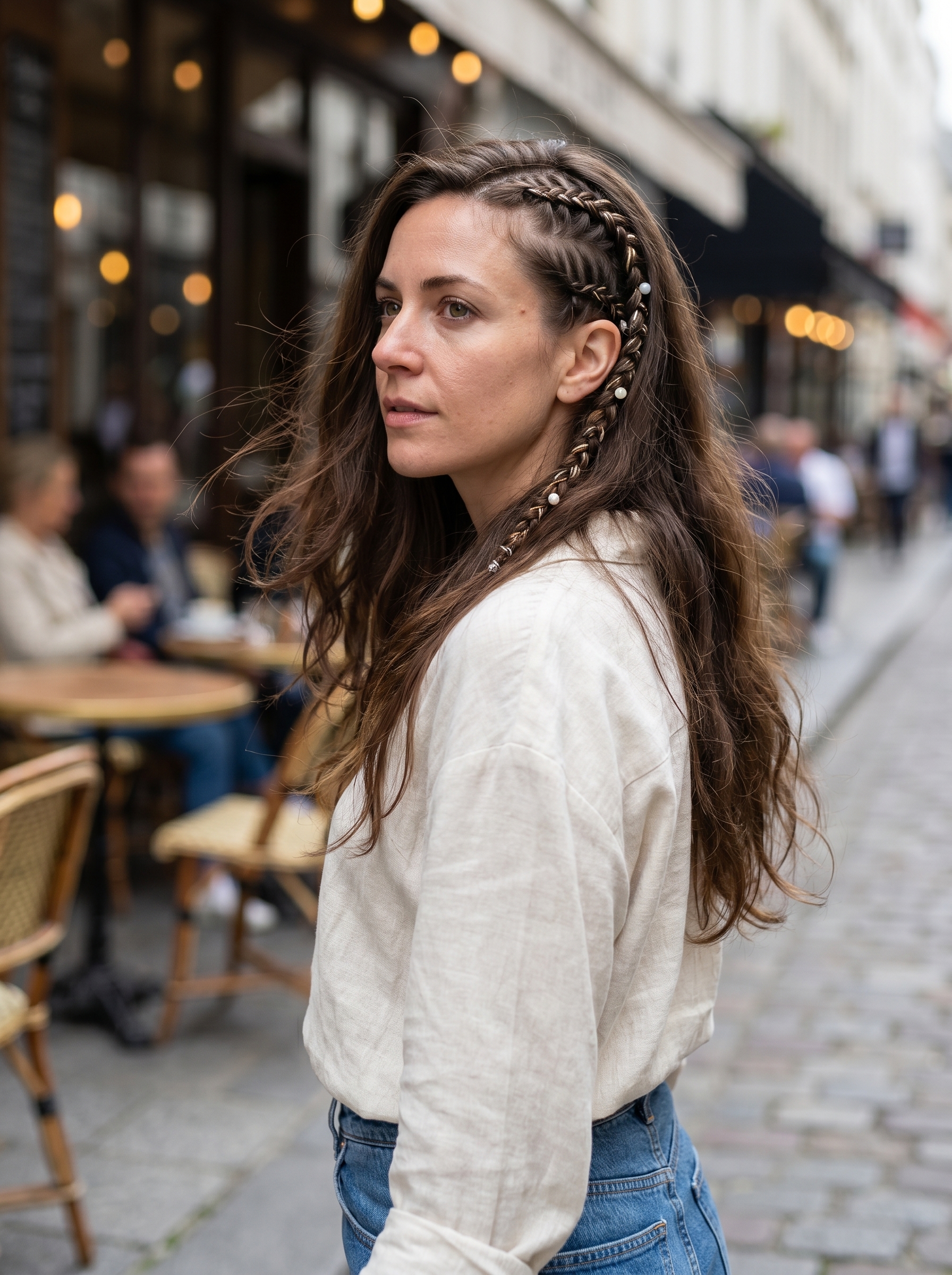 Sculpted Baby Braids: Festival Summer Hairstyle Ideas 2026 Close-up of sculpted baby braids with metallic thread and micro-pearls for intricate summer hairstyle ideas 2026. Perfect for festivals.