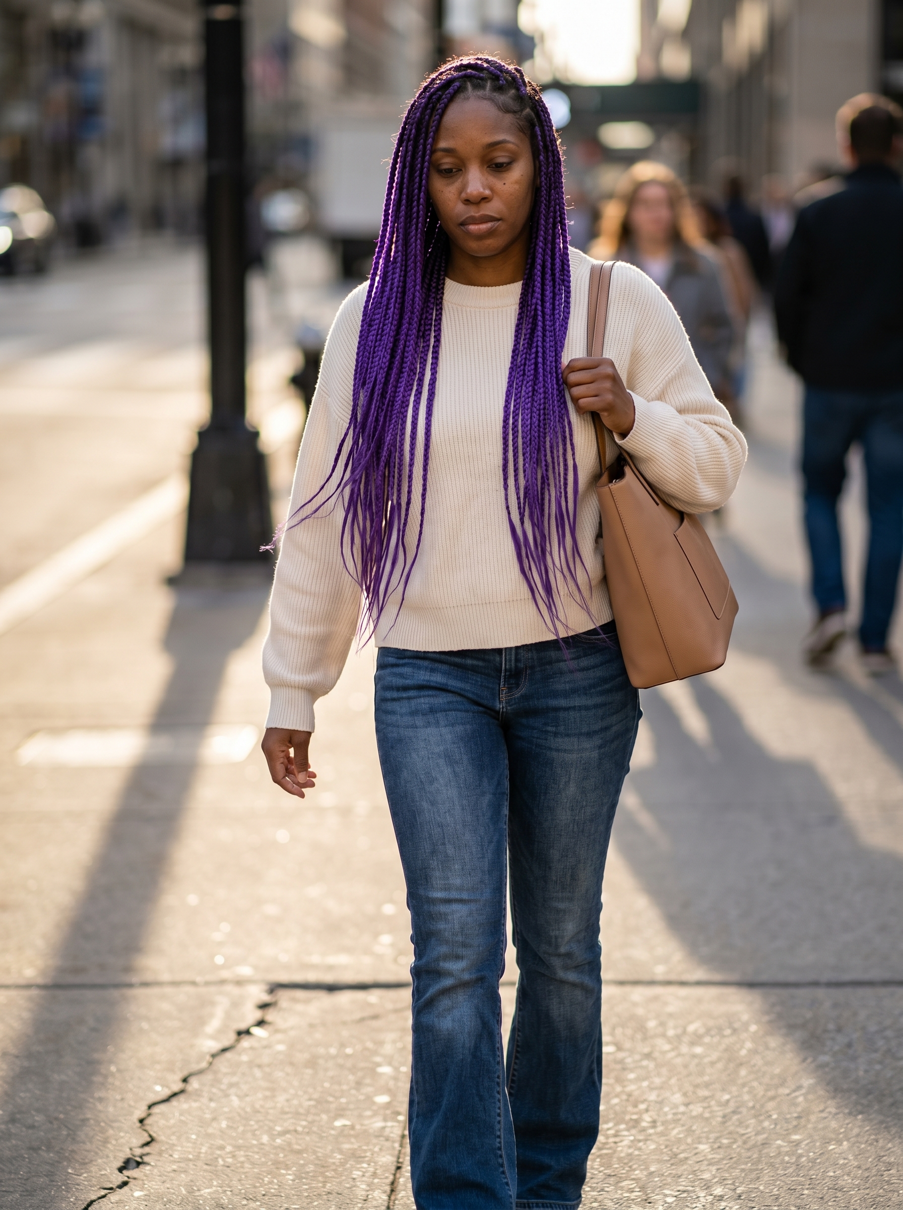 Vibrant Digital Lavender Knotless Braids with a hydro-silk finish, a bold and glamorous option for summer hairstyles black women 2026. This futuristic look shines at festivals or social events.