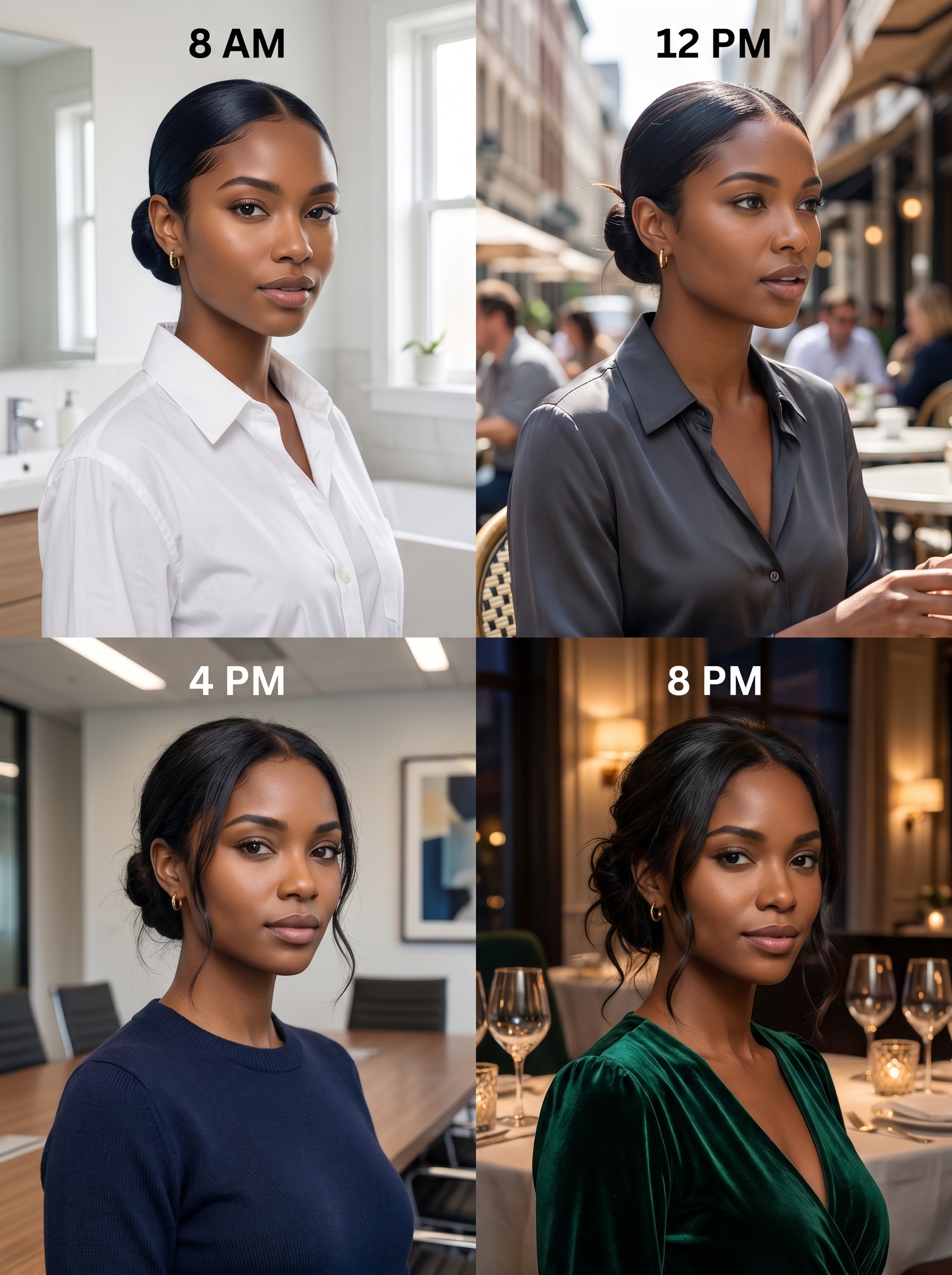 Sleek low bun in midnight blue-black, offering a sophisticated option for summer hairstyles black women 2026. This elegant updo is perfect for formal events or the office, highlighting a polished and minimalist aesthetic.