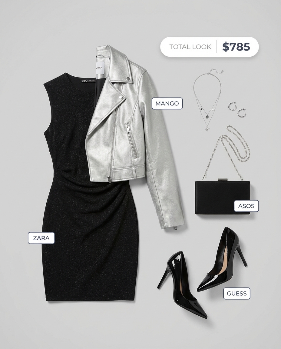 Edgy art gallery outfit featuring charcoal faux leather leggings, a black one-shoulder knit top, silver metallic bag, and pointed-toe ankle boots. Modern summer leggings outfits 2026.