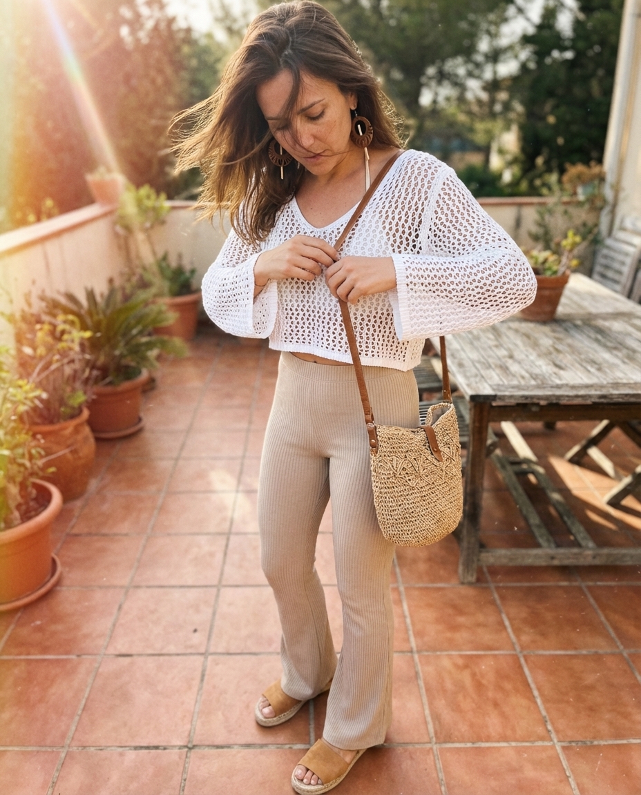Bohemian beach club look with white ribbed flare leggings, a beige crochet top, woven platform slides, and a circular straw bag. Relaxed summer leggings outfits 2026.